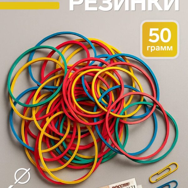 Банковские резинки, разноцветные, 50 грамм, длина 95 мм, диаметр - 60 мм, сечение 1,7 х 1,7 мм